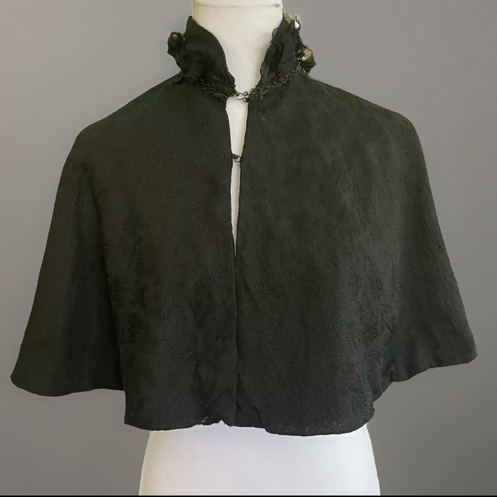 Victorian Edwardian Black Brocade Cape Feather Beaded